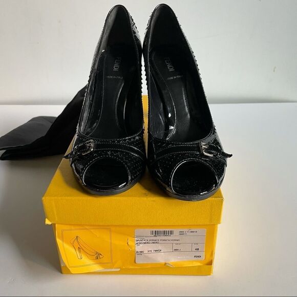Y2K Fendi Designer Patent Leather Peep Toe Pump Sz 10 - Picture 14 of 14